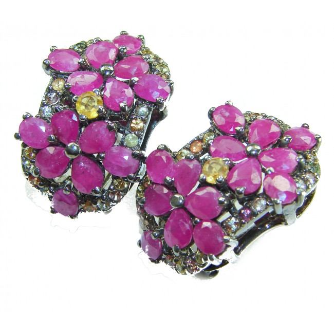 Bella Rosa Genuine 22.8 carat Ruby .925 Sterling Silver dipped in black rhodium Statement brilliantly handcrafted earrings