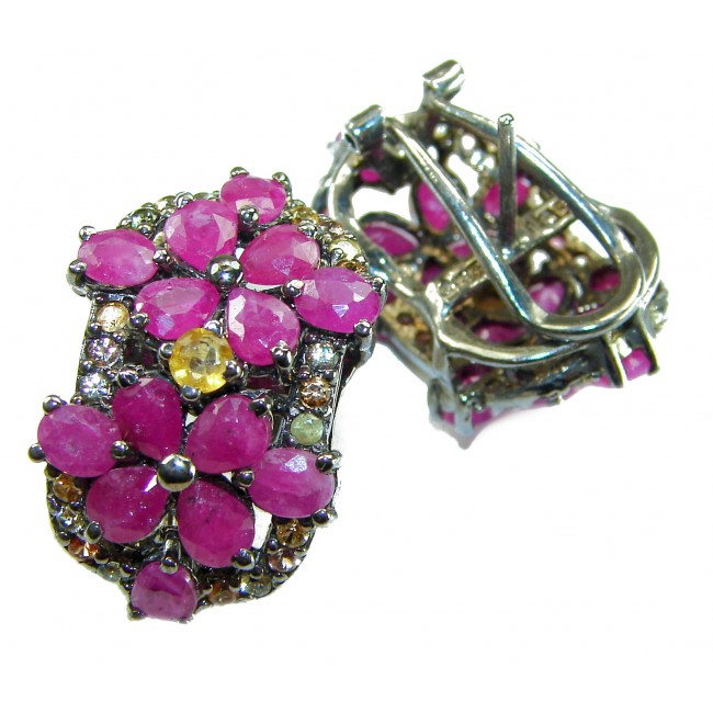 Bella Rosa Genuine 22.8 carat Ruby .925 Sterling Silver dipped in black rhodium Statement brilliantly handcrafted earrings