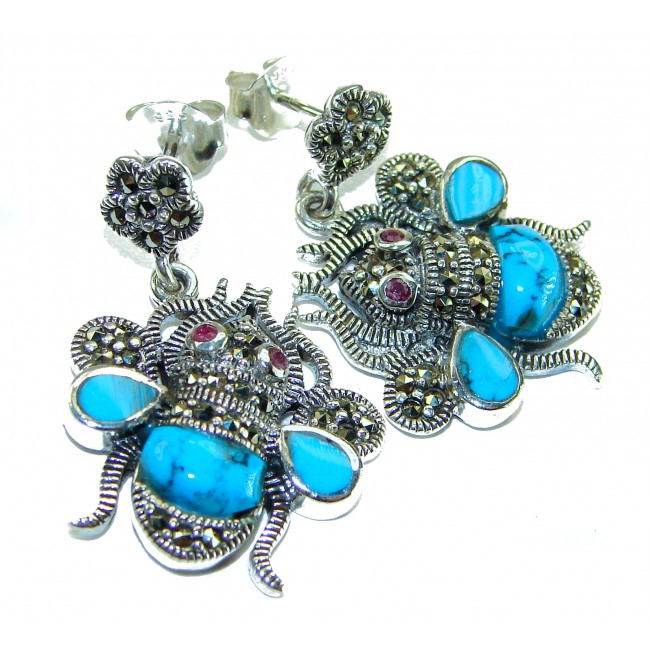 Blue Bees inlay Turquoise Ruby Marcasite .925 Sterling Silver Handcrafted earrings