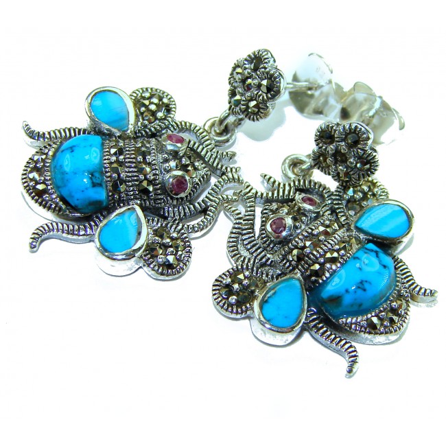 Blue Bees inlay Turquoise Ruby Marcasite .925 Sterling Silver Handcrafted earrings