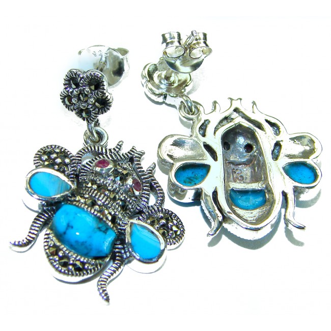 Blue Bees inlay Turquoise Ruby Marcasite .925 Sterling Silver Handcrafted earrings