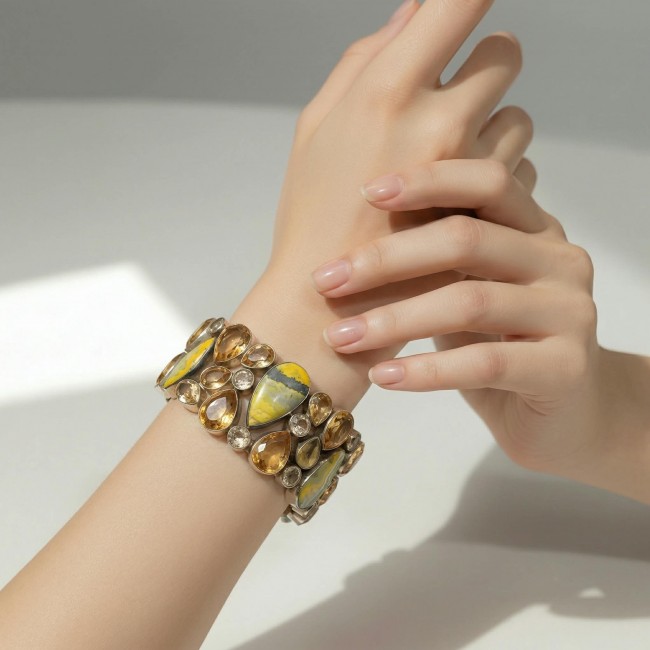 Rare! Genuine Volcanic Bumble Bee Jasper .925 Sterling Silver handcrafted Statement Bracelet