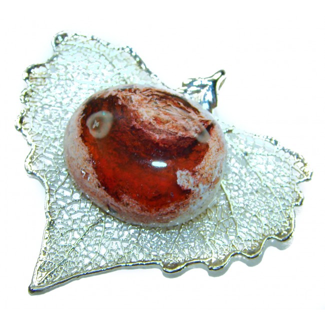 Rain Drop REAL Leaf dipped in Sterling Silver and 25.5 carat Mexican Opal & .925 Sterling Silver Pendant