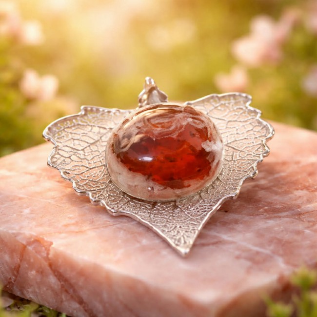 Rain Drop REAL Leaf dipped in Sterling Silver and 25.5 carat Mexican Opal & .925 Sterling Silver Pendant