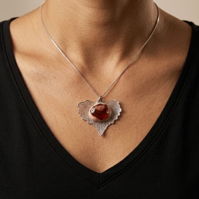 Rain Drop REAL Leaf dipped in Sterling Silver and 25.5 carat Mexican Opal & .925 Sterling Silver Pendant