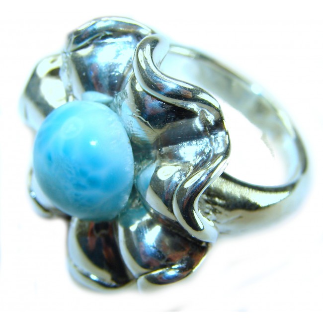 Large 8.2 carat Blue Perfection Blue Larimar .925 Sterling Silver handmade Large ring size 8 - Close-up of large blue Larimar stone in sterling silver setting.