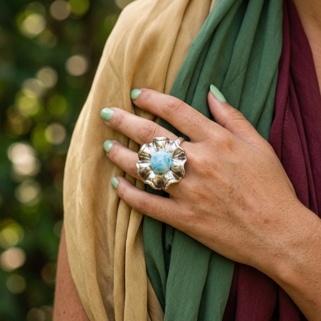 Large 8.2 carat Blue Perfection Blue Larimar .925 Sterling Silver handmade Large ring size 8 - Hand wearing large sterling silver Larimar ring close-up
