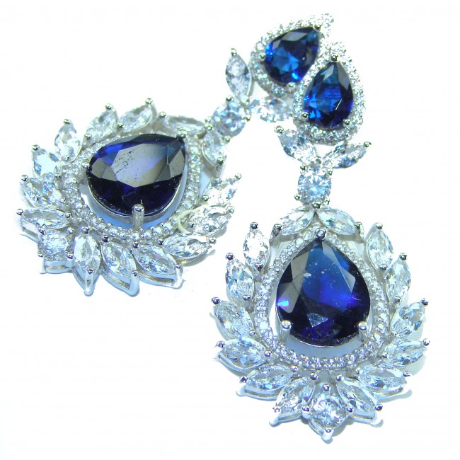 Vintage style - Giovanna - Authentic pear cut 8.9 carat Sapphire .925 Sterling Silver handcrafted earrings - Close-up of vintage-style pear-cut sapphire earrings with clear stones.