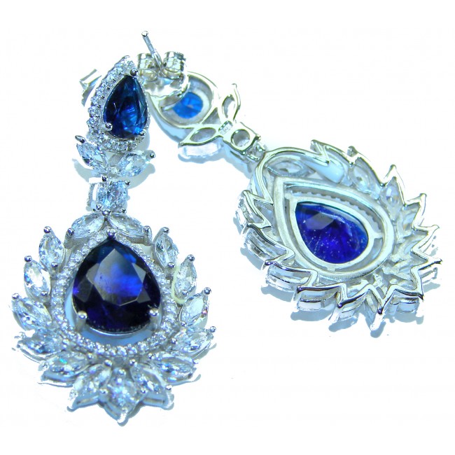 Vintage style - Giovanna - Authentic pear cut 8.9 carat Sapphire .925 Sterling Silver handcrafted earrings - Close-up of vintage-style earrings with pear-cut sapphire.