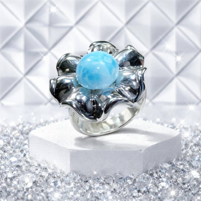 Large 8.2 carat Blue Perfection Blue Larimar .925 Sterling Silver handmade Large ring size 8 - Front view of 8.2 carat Blue Larimar ring in .925 Sterling Silver