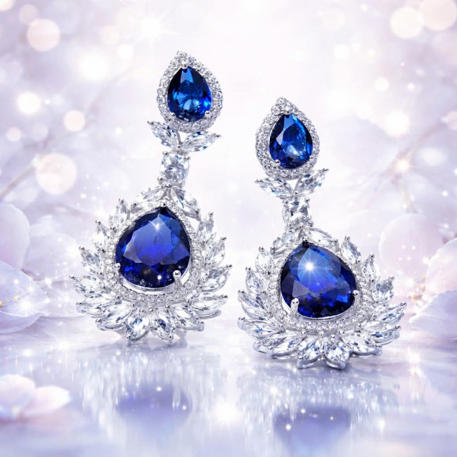 Vintage style - Giovanna - Authentic pear cut 8.9 carat Sapphire .925 Sterling Silver handcrafted earrings - Close-up of vintage style sapphire and diamond earrings on a sparkling backdrop.