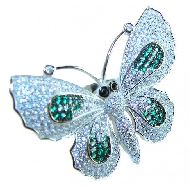 Precious Butterfly Genuine 10.5 carat Emerald .925 Sterling Silver handmade LARGE Statement Ring size 8 1/4