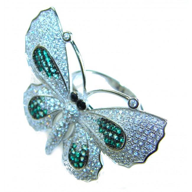 Precious Butterfly Genuine 10.5 carat Emerald .925 Sterling Silver handmade LARGE Statement Ring size 8 1/4