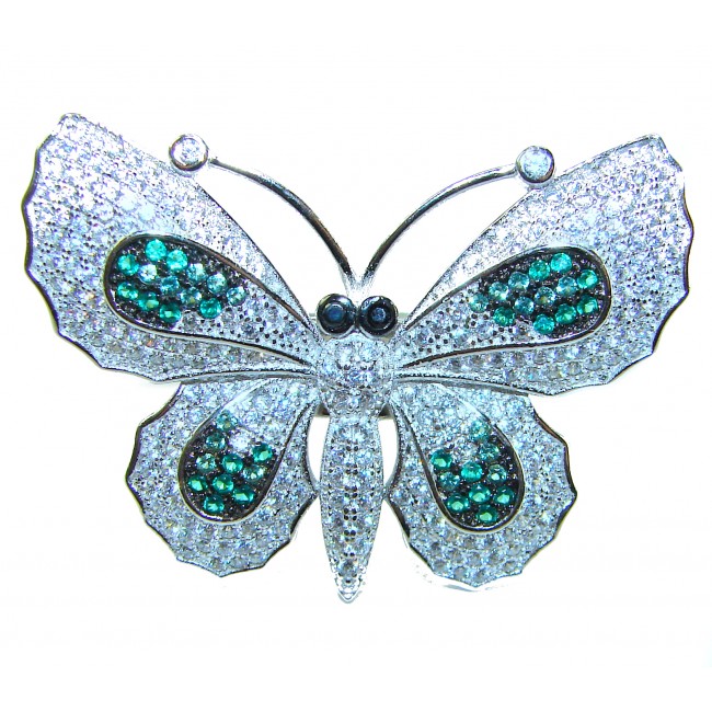 Precious Butterfly Genuine 10.5 carat Emerald .925 Sterling Silver handmade LARGE Statement Ring size 8 1/4