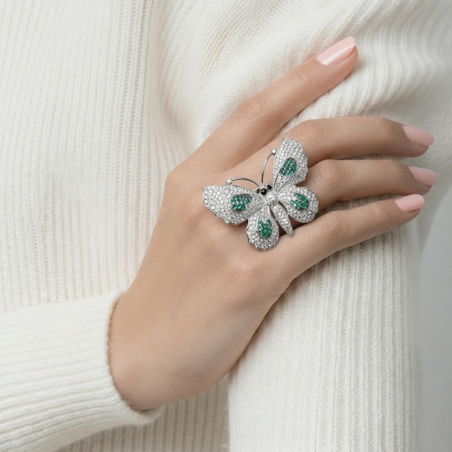 Precious Butterfly Genuine 10.5 carat Emerald .925 Sterling Silver handmade LARGE Statement Ring size 8 1/4