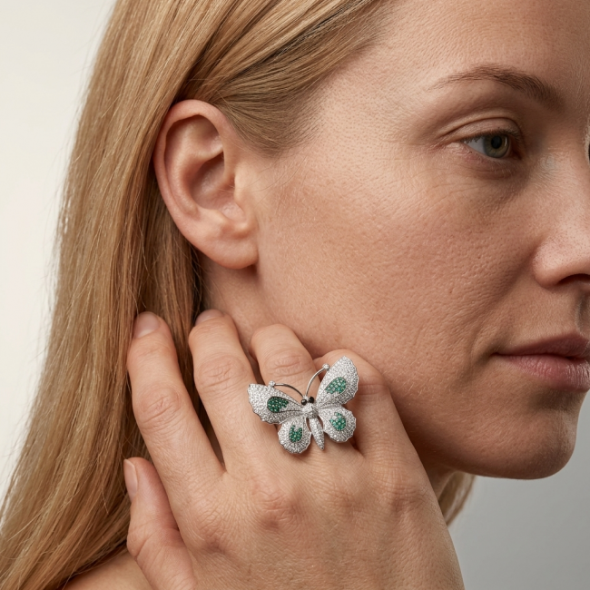 Precious Butterfly Genuine 10.5 carat Emerald .925 Sterling Silver handmade LARGE Statement Ring size 8 1/4