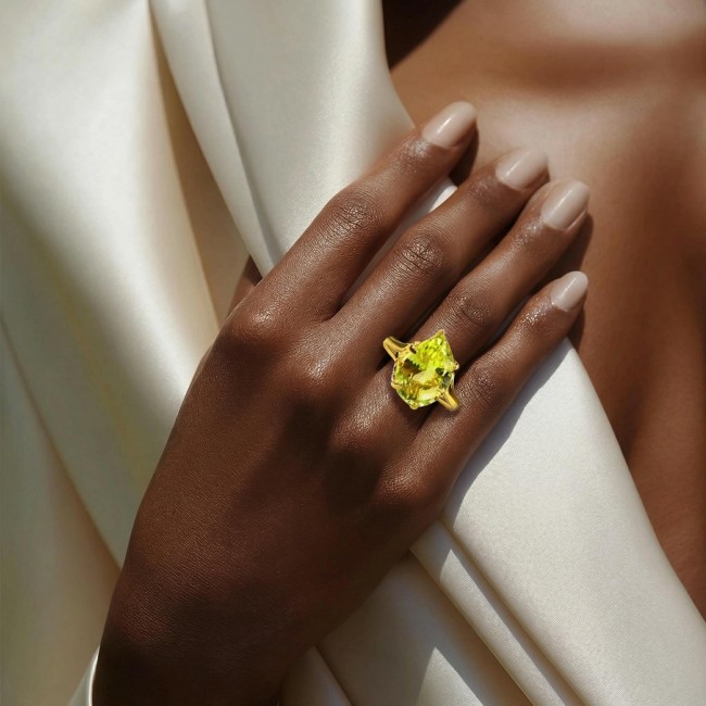Solid 11.8 carat Genuine Lemon Quartz .925 Sterling Silver DIPPED IN REAL 18K GOLD handcrafted ring size 8 - photo 1