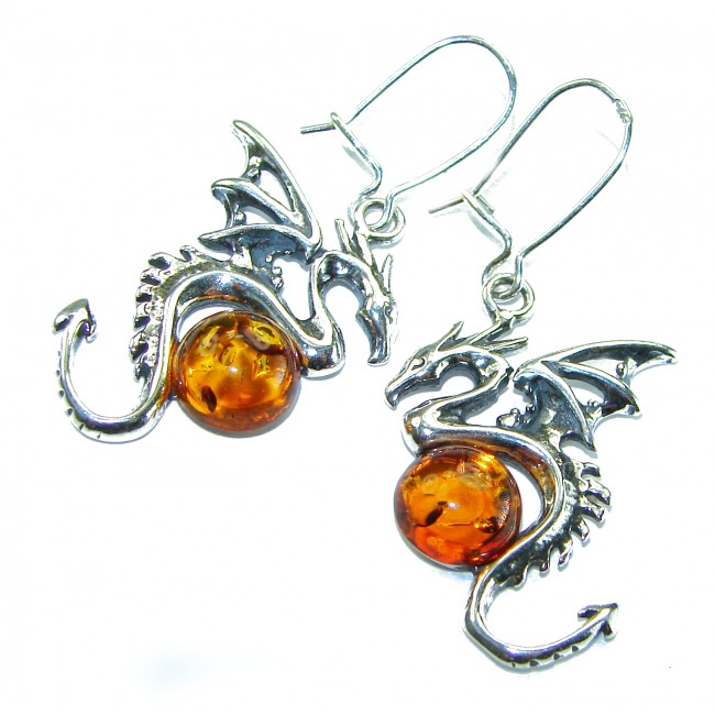 Golden DRAGONS carved Baltic Polish Amber .925 Sterling Silver earrings