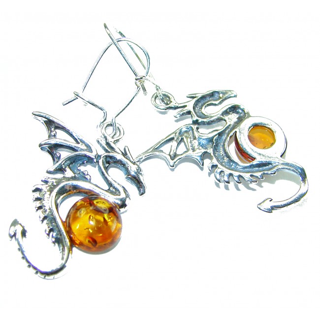 Golden DRAGONS carved Baltic Polish Amber .925 Sterling Silver earrings