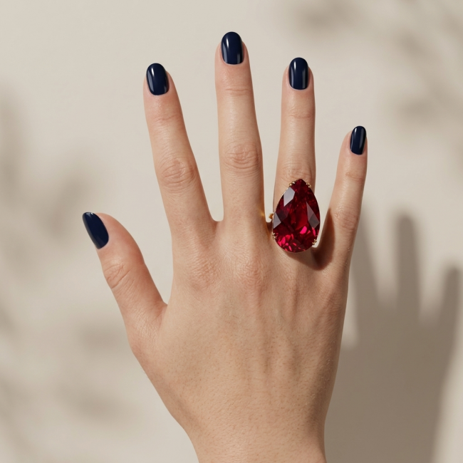 Carmen Natural 28.4 carat Ruby .925 Sterling Silver dipped in 22K Gold handmade Large Statement Ring size 7 - Ruby ring worn on hand with dark nail polish, top view.