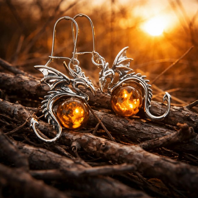 Golden DRAGONS carved Baltic Polish Amber .925 Sterling Silver earrings