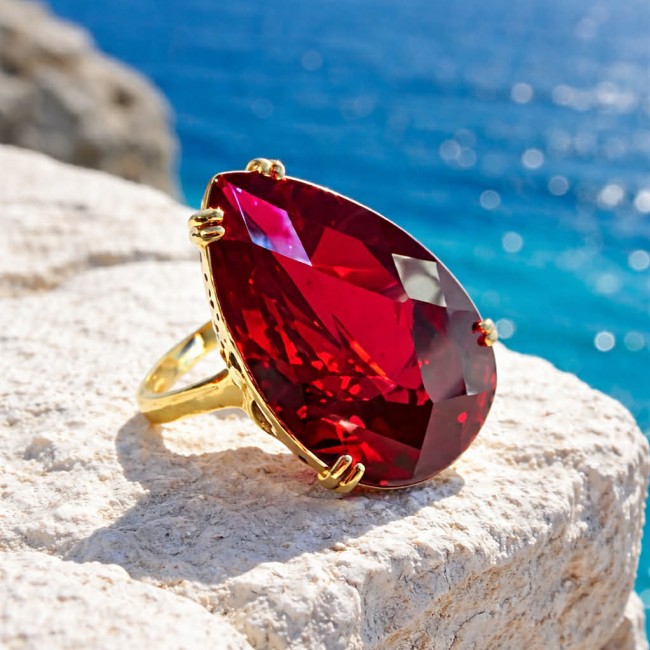 Carmen Natural 28.4 carat Ruby .925 Sterling Silver dipped in 22K Gold handmade Large Statement Ring size 7 - Close-up of Carmen 28.4 ct ruby ring, gold setting, on rock by the sea