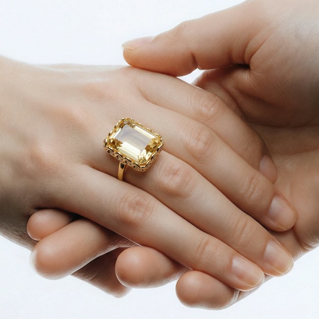 18.8 carat Genuine Lemon Quartz 14K Gold over .925 Sterling Silver handcrafted ring size 9 1/4 - photo 1