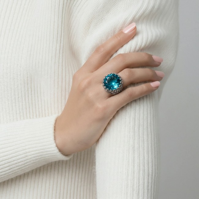 Massive Deep Blue 28.9 carat natural Aquamarine .925 Sterling Silver handcrafted Large ring size 8 - photo 2