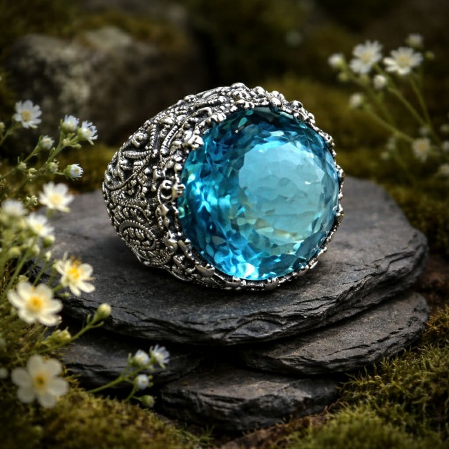 Massive Deep Blue 28.9 carat natural Aquamarine .925 Sterling Silver handcrafted Large ring size 8 - photo 4