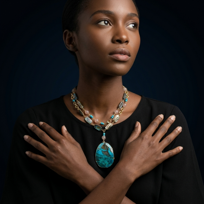 Boho Style - Great quality Chrysocolla 10K Gold over .925 Sterling Silver handcrafted Necklace