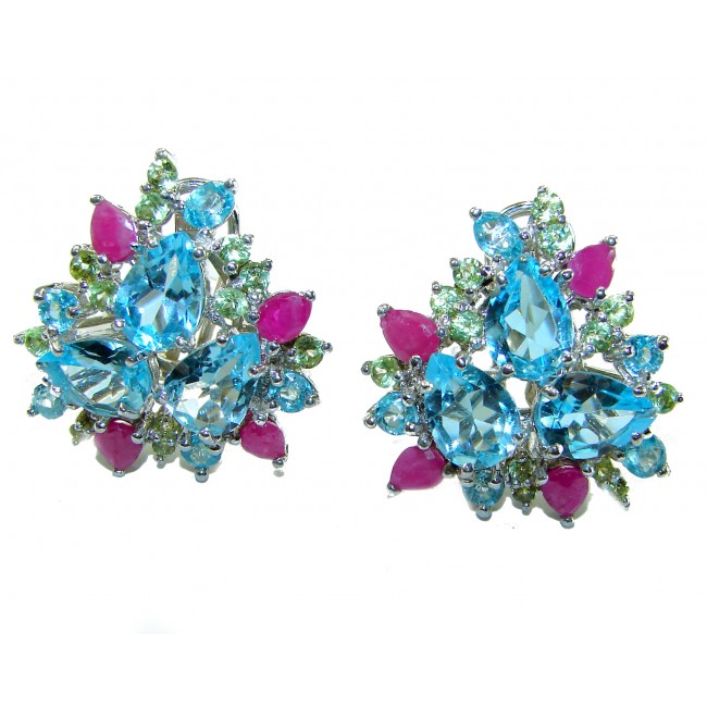Elizabeth 29.8 carat authentic pear cut Swiss Blue Topaz .925 Sterling Silver handcrafted Statement earrings - photo 4