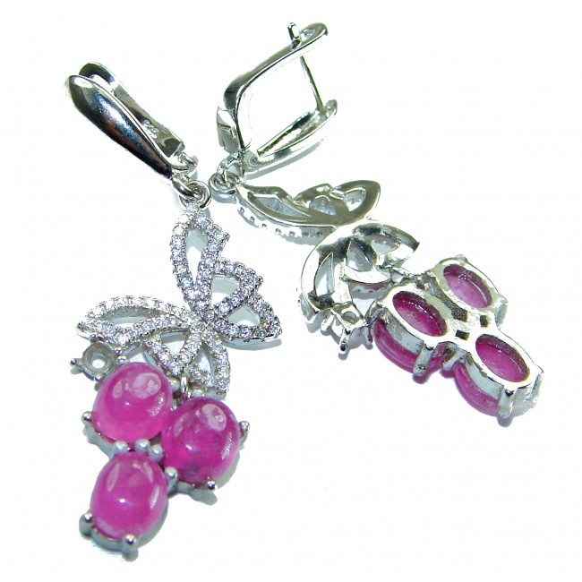 Magnificent Jewel 4.5 carat Ruby .925 Sterling Silver handcrafted incredible earrings - Ruby earrings in .925 sterling silver, close-up of stone and clasp detail.