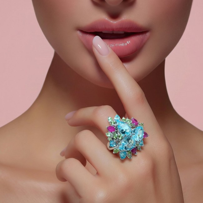 Elizabeth 22.2 carat authentic pear cut Swiss Blue Topaz .925 Sterling Silver handcrafted Statement Ring size 8 - photo 1