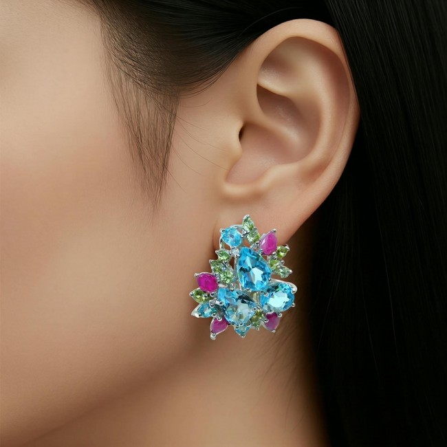 Elizabeth 29.8 carat authentic pear cut Swiss Blue Topaz .925 Sterling Silver handcrafted Statement earrings - photo 2