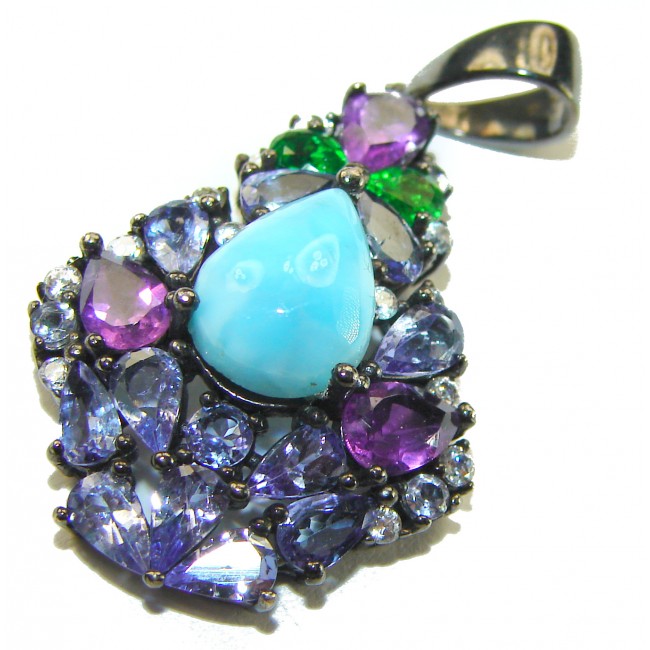 Victoria Natural 4.5 carat Larimar from Dominican Republic Tanzanite .925 Sterling Silver dipped in black rhodium handcrafted pendant