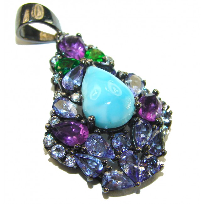 Victoria Natural 4.5 carat Larimar from Dominican Republic Tanzanite .925 Sterling Silver dipped in black rhodium handcrafted pendant