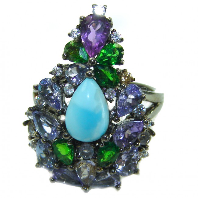 Victoria Natural 4.5 carat Larimar from Dominican Republic Tanzanite .925 Sterling Silver dipped in black rhodium handcrafted size 6 1/4