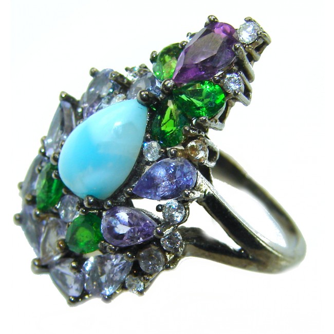 Victoria Natural 4.5 carat Larimar from Dominican Republic Tanzanite .925 Sterling Silver dipped in black rhodium handcrafted size 6 1/4