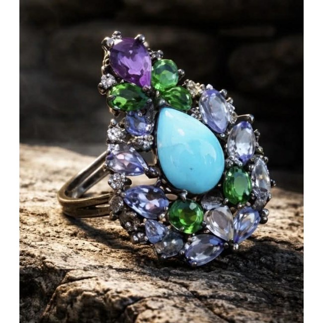 Victoria Natural 4.5 carat Larimar from Dominican Republic Tanzanite .925 Sterling Silver dipped in black rhodium handcrafted size 6 1/4