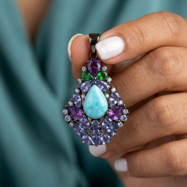 Victoria Natural 4.5 carat Larimar from Dominican Republic Tanzanite .925 Sterling Silver dipped in black rhodium handcrafted pendant