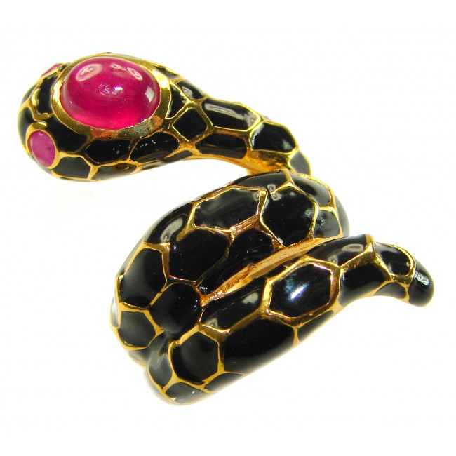 Red Snake Ruby black Enamel 18K Gold over .925 Sterling Silver Huge handcrafted Ring s. 7