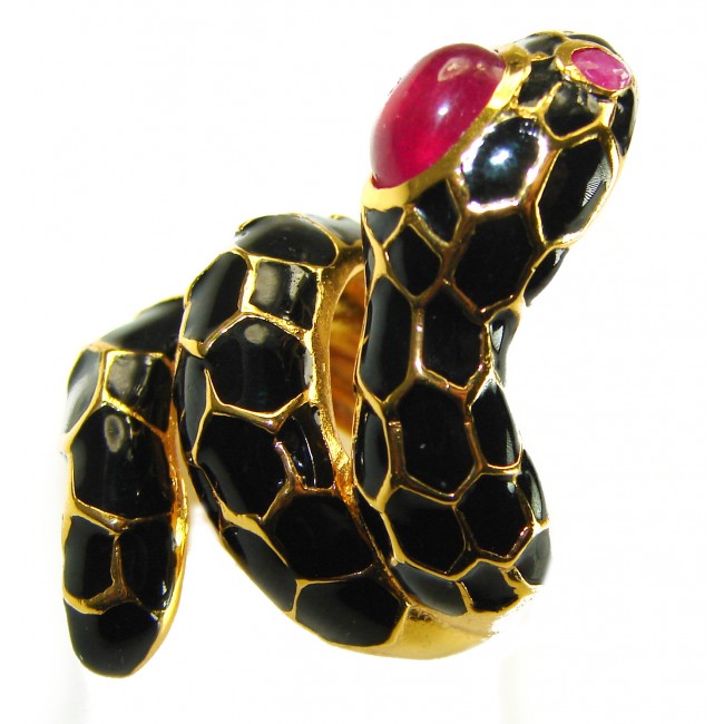 Red Snake Ruby black Enamel 18K Gold over .925 Sterling Silver Huge handcrafted Ring s. 7