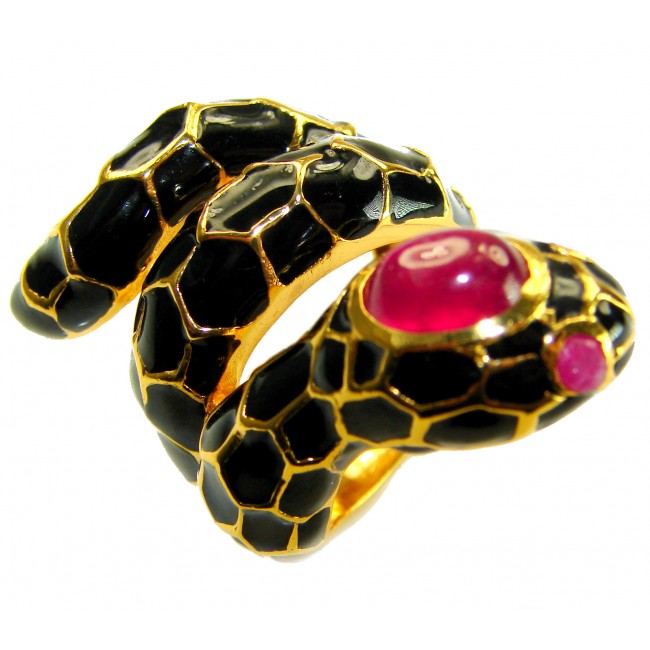 Red Snake Ruby black Enamel 18K Gold over .925 Sterling Silver Huge handcrafted Ring s. 7