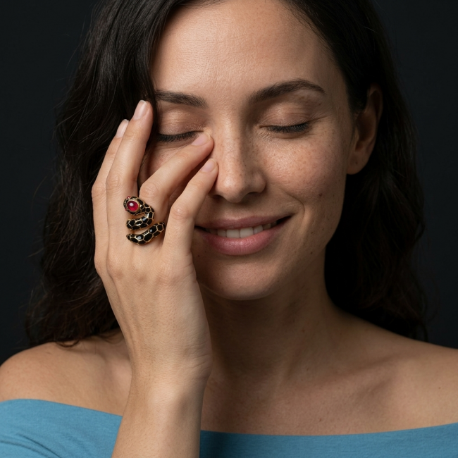 Red Snake Ruby black Enamel 18K Gold over .925 Sterling Silver Huge handcrafted Ring s. 7