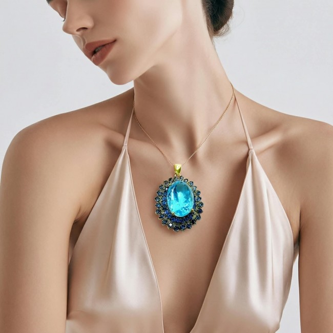 Vintage style oval cut 26.8 carat Swiss Blue Topaz .925 Sterling Silver DIPPED IN 22K Gold handmade Pendant