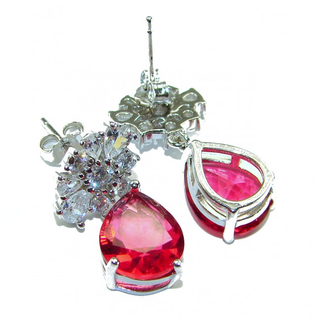 Giovanna - Magnificent Jewel 6.5 carat Ruby .925 Sterling Silver handcrafted incredible earrings - Close-up of ruby earrings with sterling silver setting.