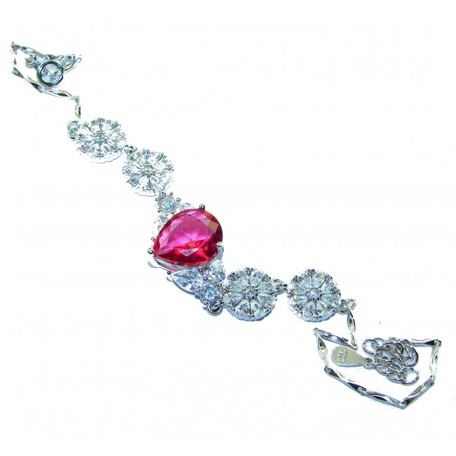 Giovanna - Magnificent Jewel 7.2 carat Ruby .925 Sterling Silver handcrafted incredible Statement Bracelet - Elegant bracelet, top view, featuring a central 7.2 carat ruby and clear stones.