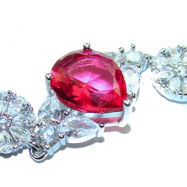 Giovanna - Magnificent Jewel 7.2 carat Ruby .925 Sterling Silver handcrafted incredible Statement Bracelet - Close-up of ruby and clear stones on sterling silver setting.