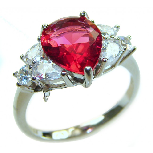Giovanna - Magnificent Jewel 7.5 carat Ruby .925 Sterling Silver handcrafted incredible ring s. 8 - Close-up of pear-cut ruby and diamond ring in sterling silver setting