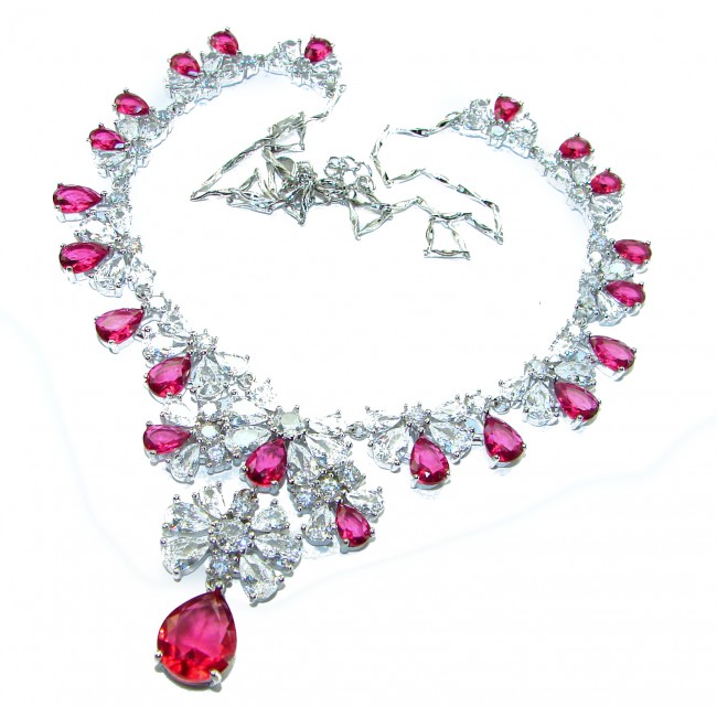 Giovanna - Magnificent Jewel 22.5 carat Ruby .925 Sterling Silver handcrafted incredible Statement necklace - Necklace with rubies and crystals, top view, loose chain detail